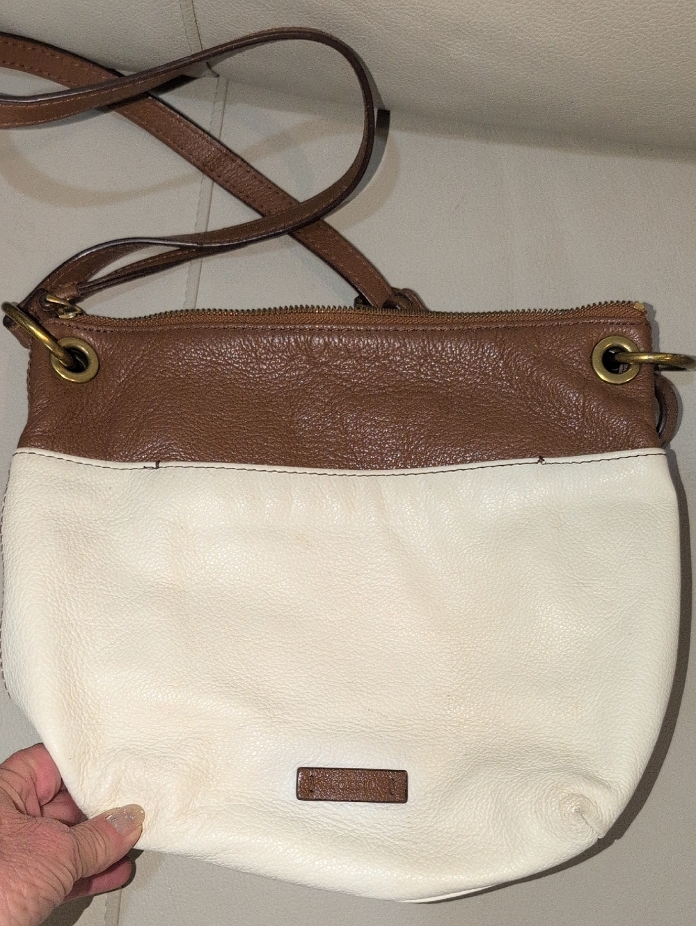 Fossil Keely Two-Tone Brown and Cream Leather Crossbody Bag